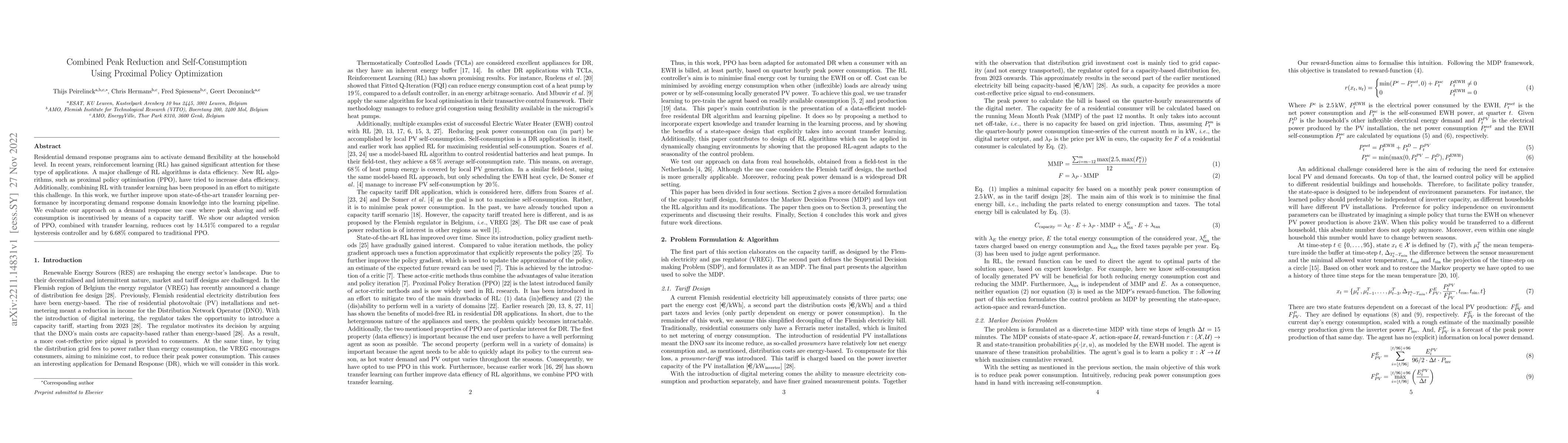 Thumbnail for Combined Peak Reduction and Self-Consumption Using Proximal Policy
  Optimization