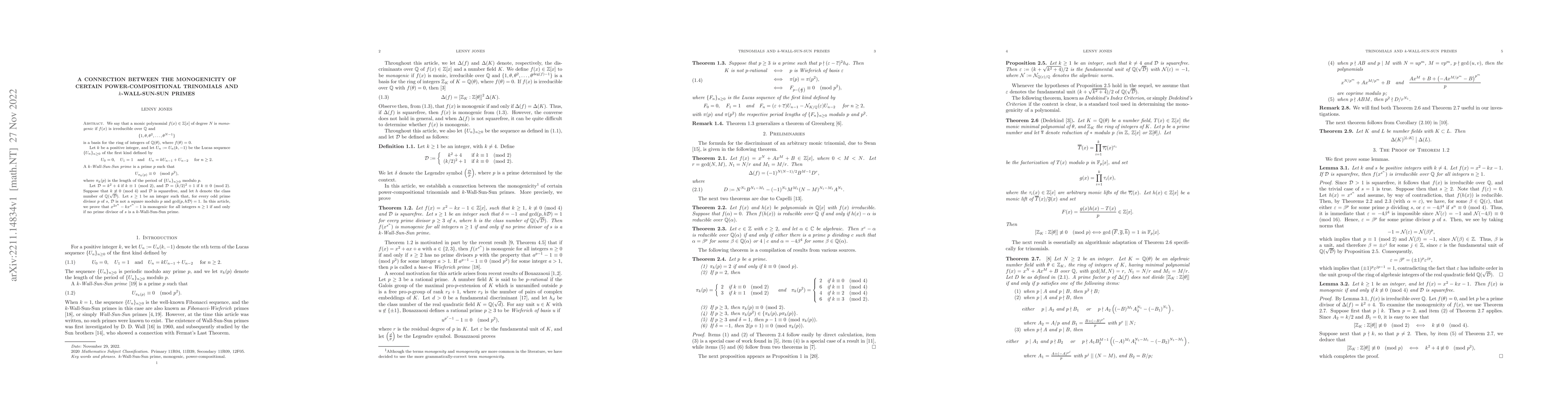 Thumbnail for A Connection Between the Monogenicity of Certain Power-Compositional
  Trinomials and $k$-Wall-Sun-Sun Primes