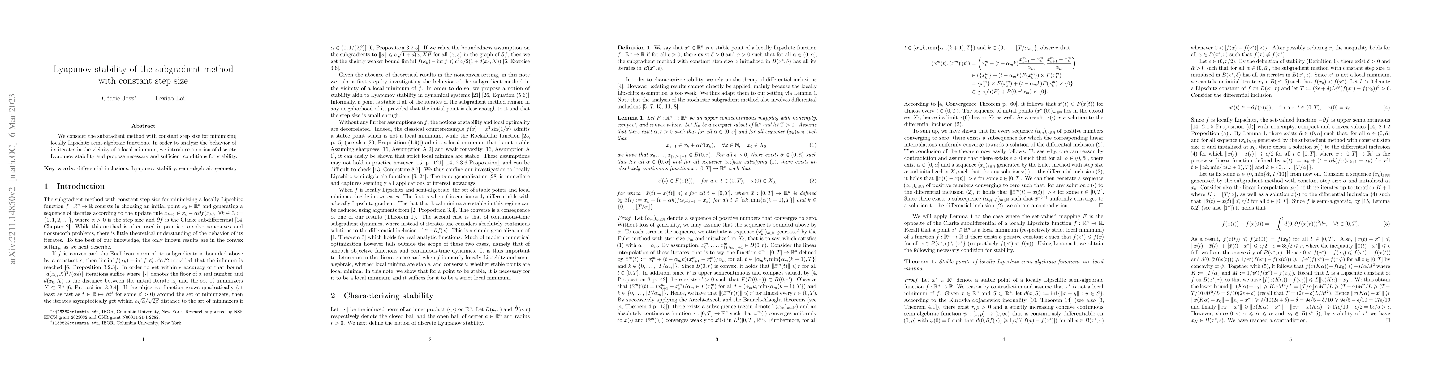 Thumbnail for Lyapunov stability of the subgradient method with constant step size