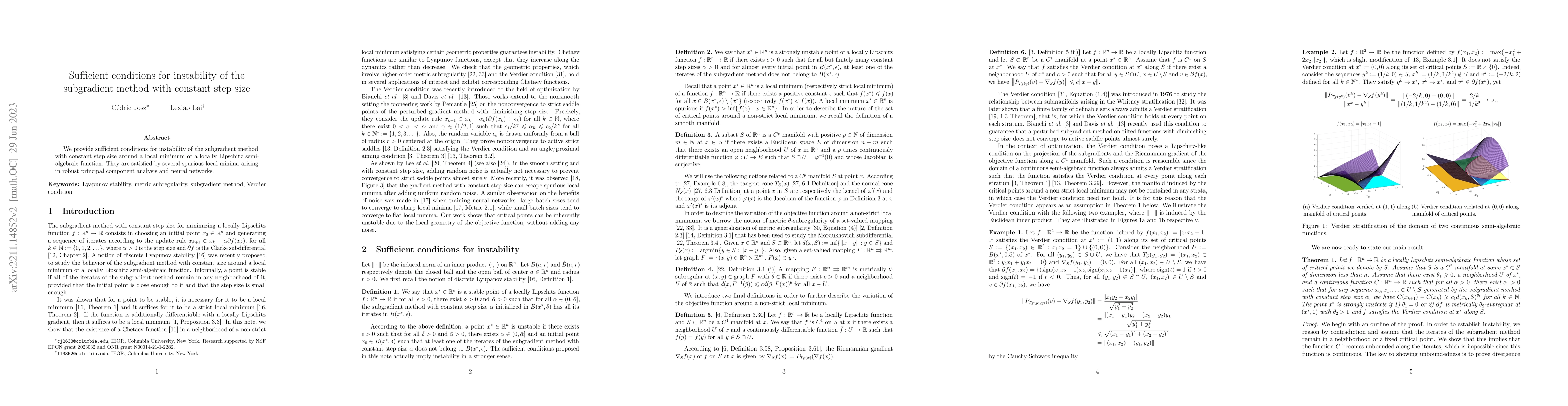 Thumbnail for Sufficient conditions for instability of the subgradient method with
  constant step size