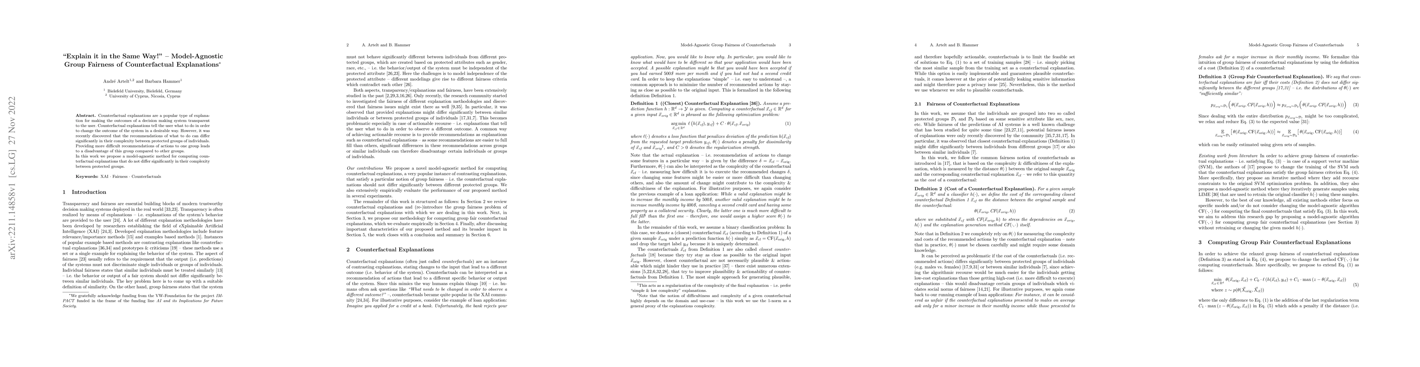 Thumbnail for "Explain it in the Same Way!" -- Model-Agnostic Group Fairness of
  Counterfactual Explanations