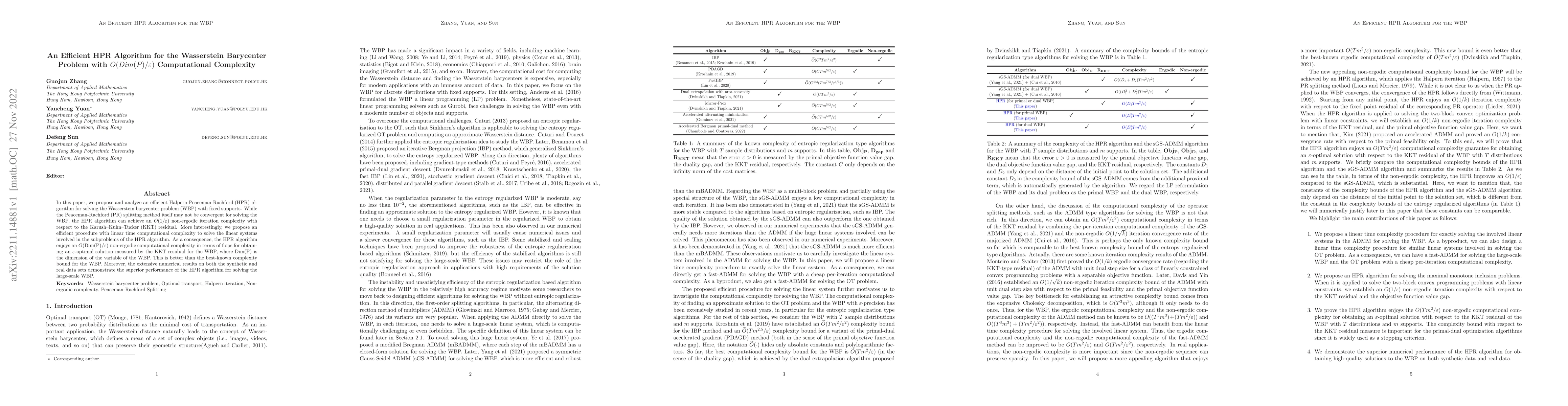 Thumbnail for An Efficient HPR Algorithm for the Wasserstein Barycenter Problem with
  $O({Dim(P)}/\varepsilon)$ Computational Complexity