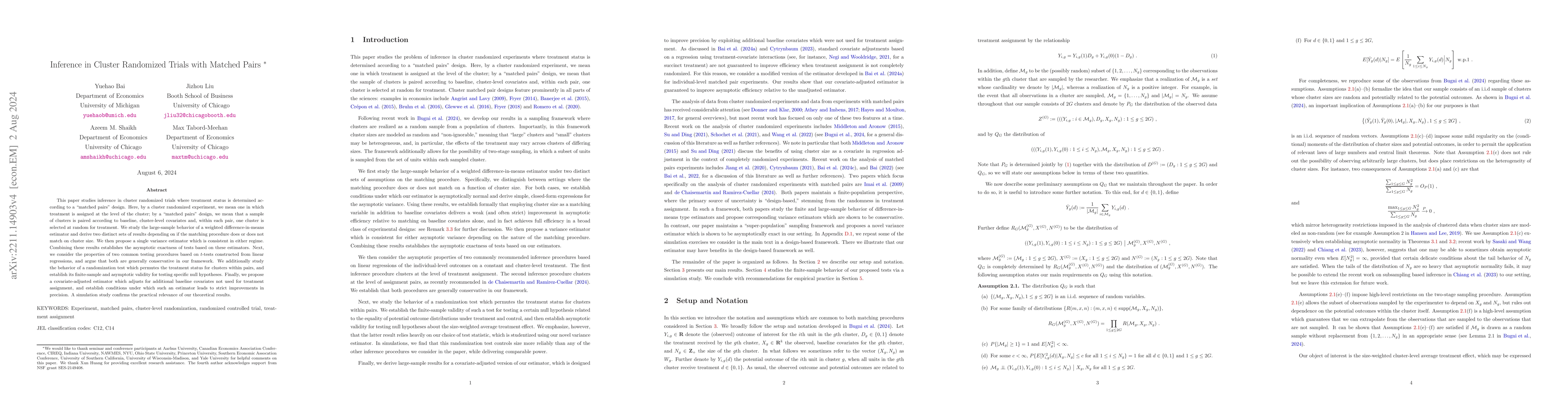 Thumbnail for Inference in Cluster Randomized Trials with Matched Pairs