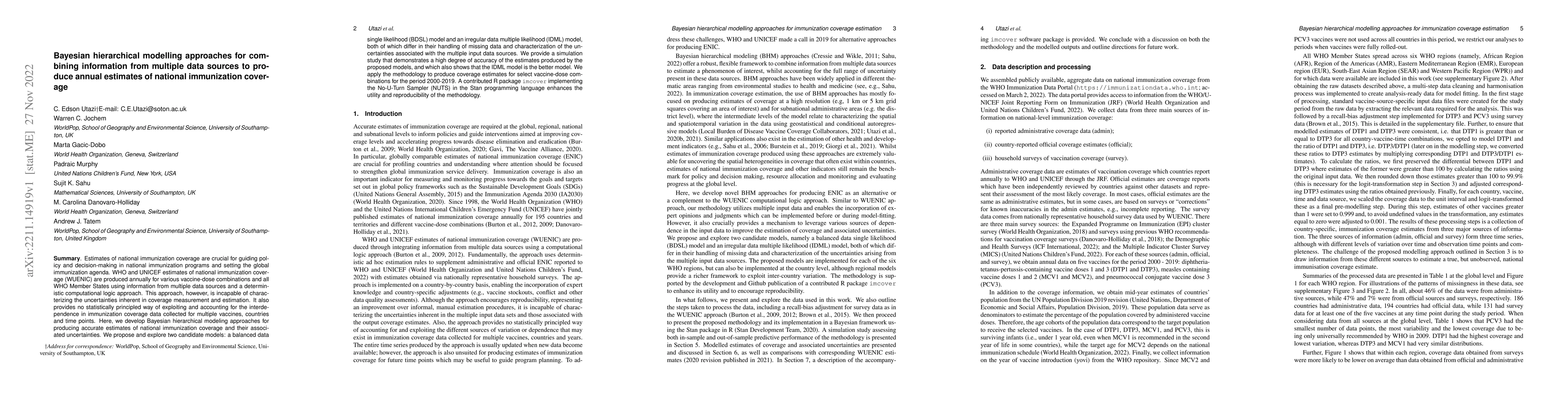 Thumbnail for Bayesian hierarchical modelling approaches for combining information
  from multiple data sources to produce annual estimates of national
  immunization coverage