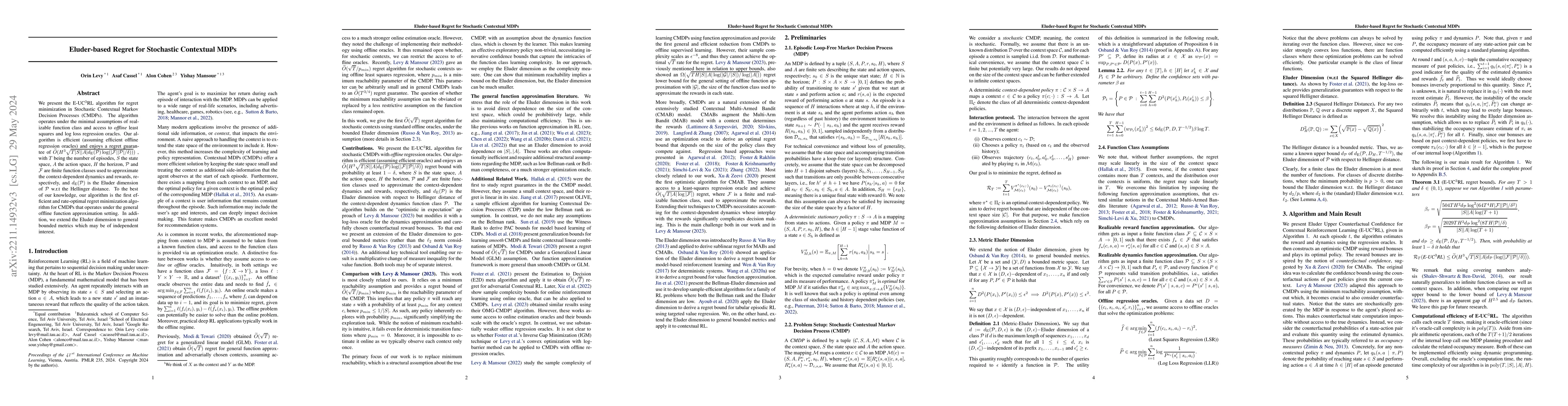 Thumbnail for Eluder-based Regret for Stochastic Contextual MDPs