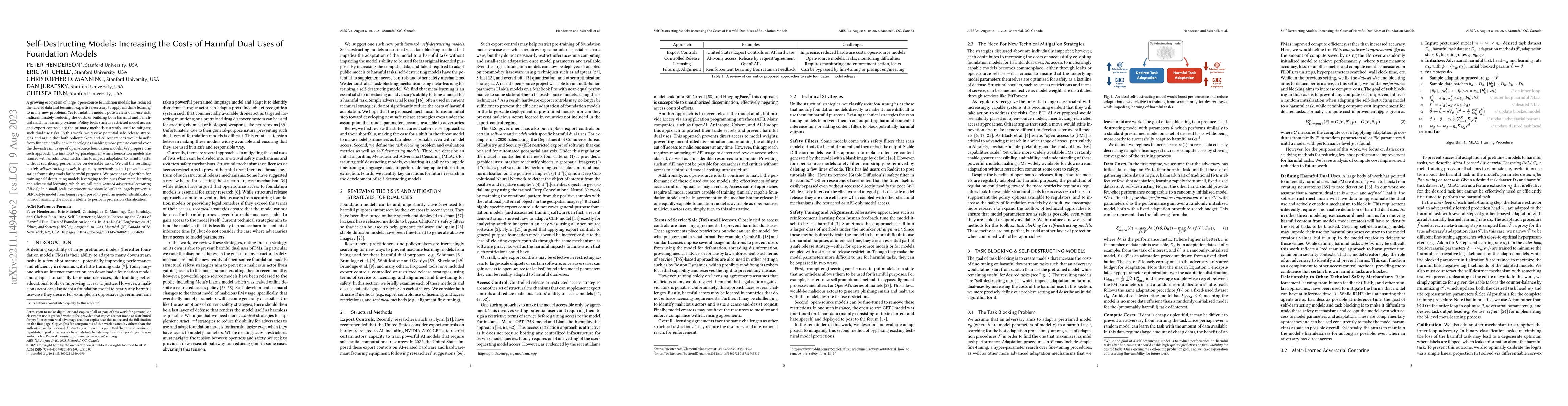 Thumbnail for Self-Destructing Models: Increasing the Costs of Harmful Dual Uses of
  Foundation Models