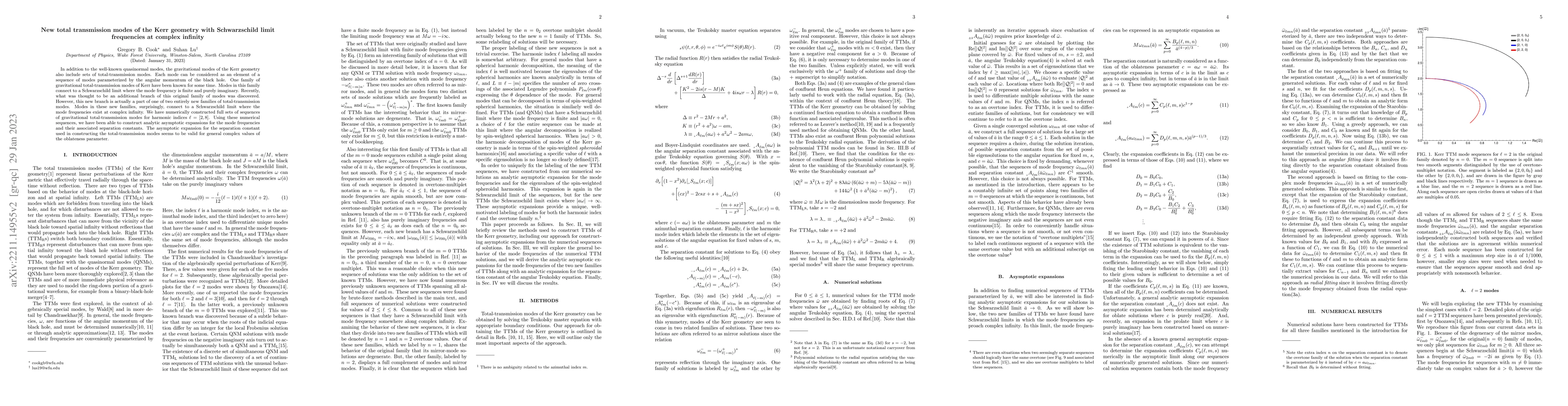 Thumbnail for New total transmission modes of the Kerr geometry with Schwarzschild
  limit frequencies at complex infinity