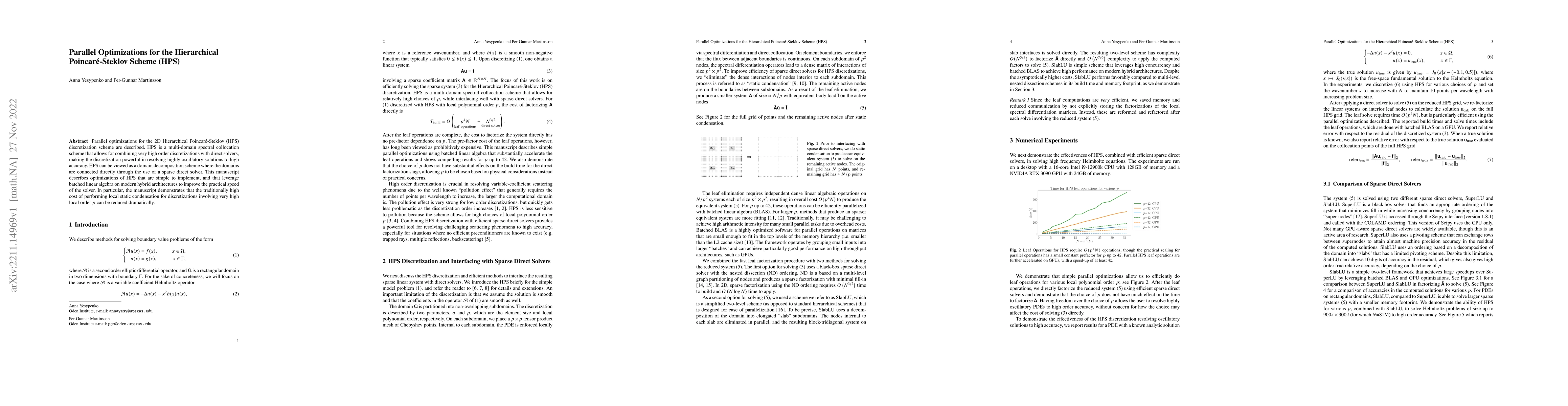 Thumbnail for Parallel Optimizations for the Hierarchical Poincar\'e-Steklov Scheme
  (HPS)