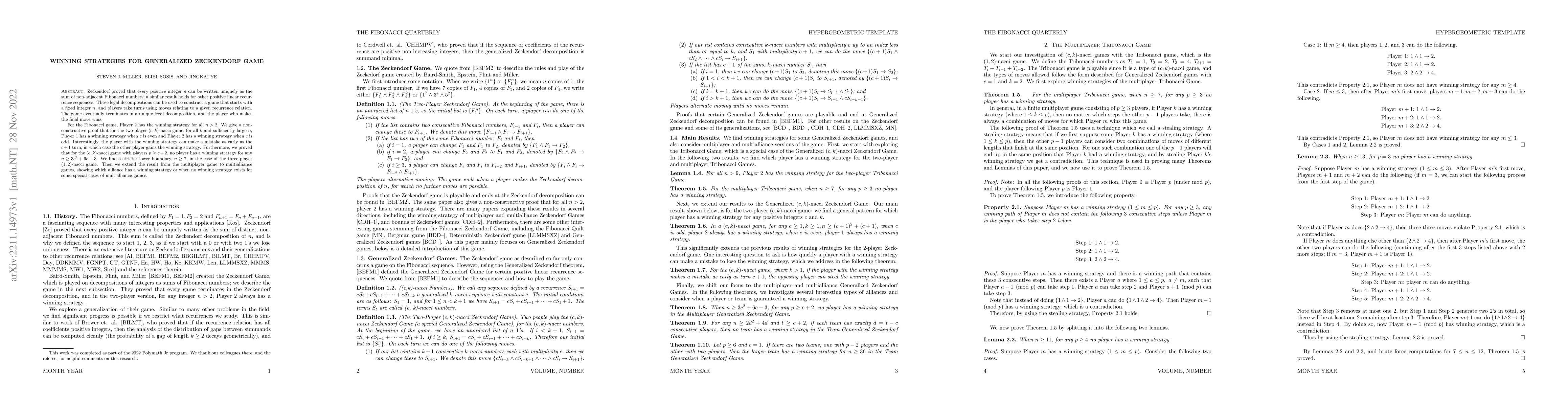 Thumbnail for Winning Strategies for Generalized Zeckendorf Game