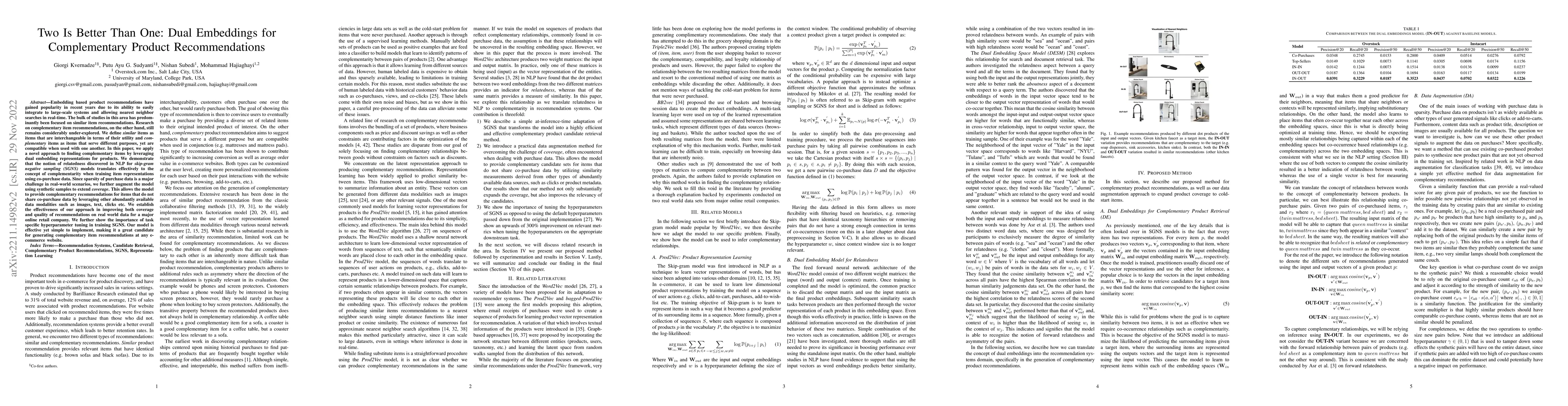 Thumbnail for Two Is Better Than One: Dual Embeddings for Complementary Product
  Recommendations