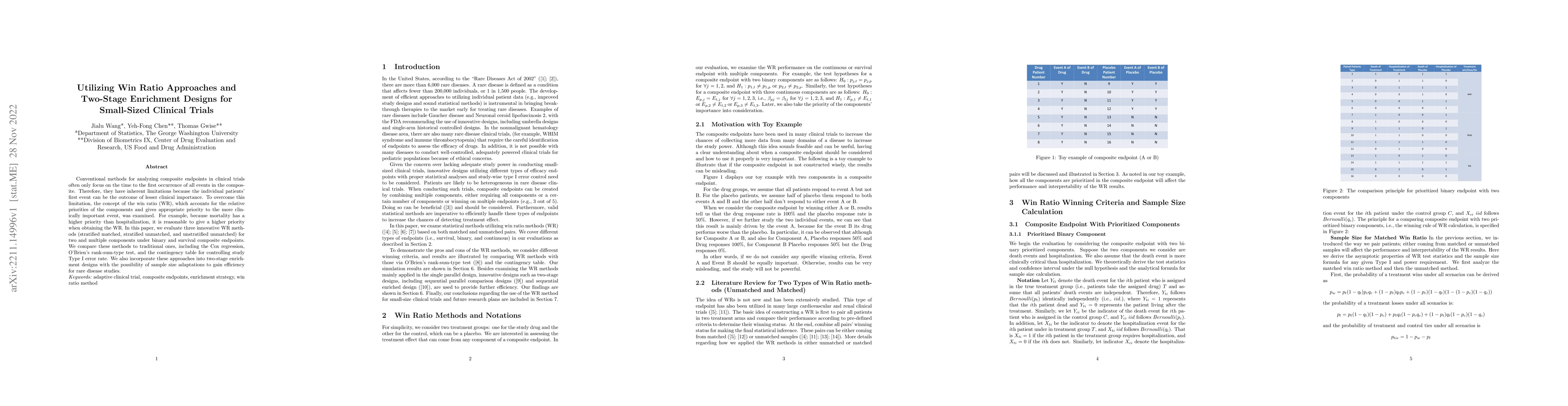 Thumbnail for Utilizing Win Ratio Approaches and Two-Stage Enrichment Designs for
  Small-Sized Clinical Trials