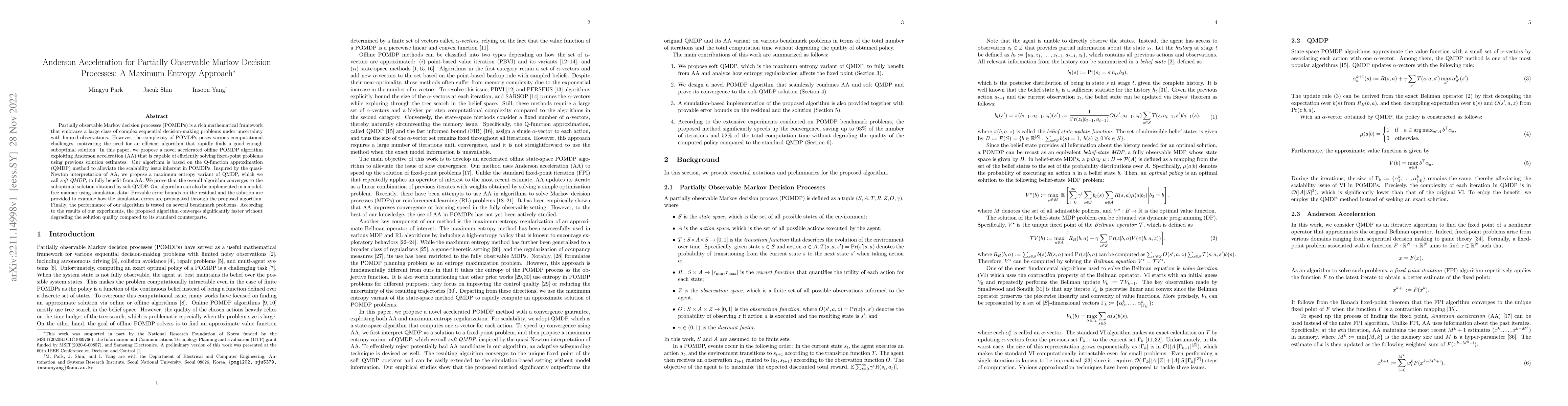 Thumbnail for Anderson Acceleration for Partially Observable Markov Decision
  Processes: A Maximum Entropy Approach