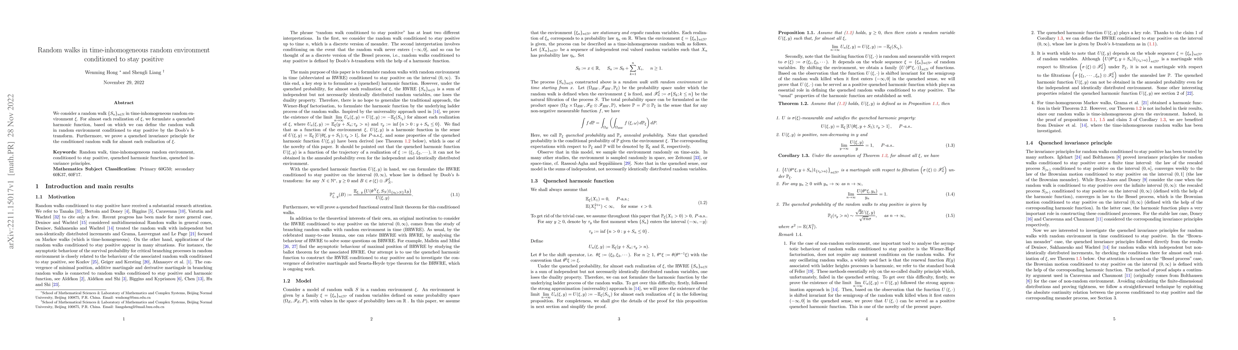 Thumbnail for Random walks in time-inhomogeneous random environment conditioned to
  stay positive