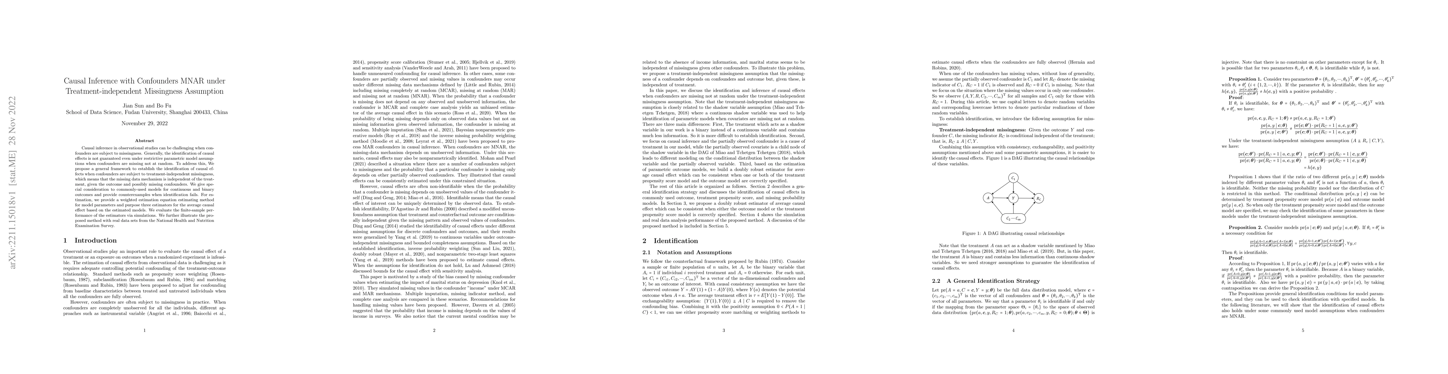 Thumbnail for Causal Inference with Confounders MNAR under Treatment-independent
  Missingness Assumption