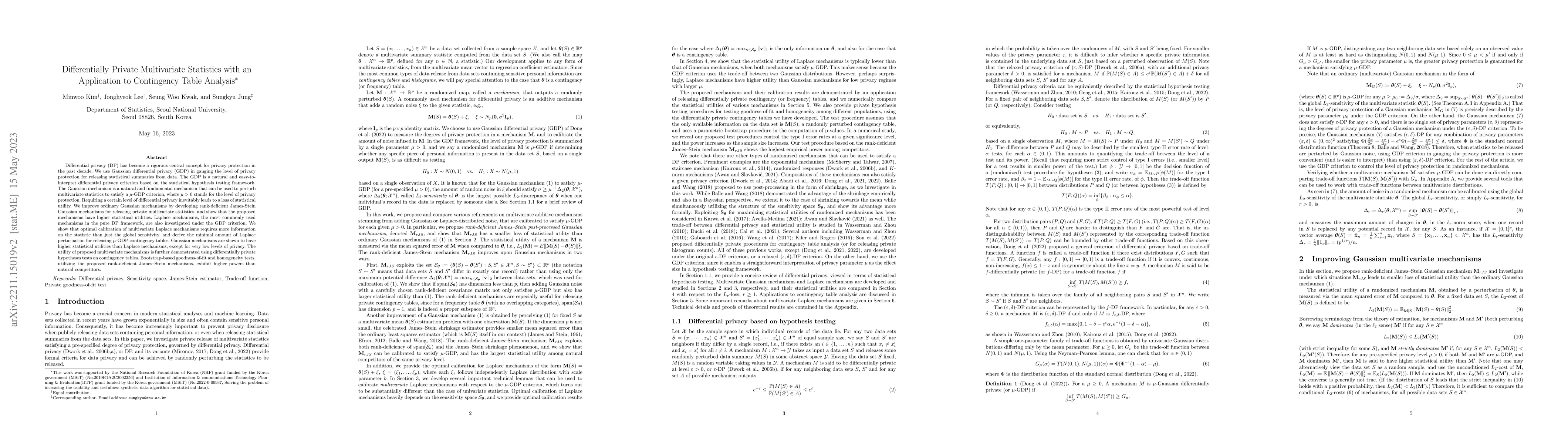 Thumbnail for Differentially Private Multivariate Statistics with an Application to
  Contingency Table Analysis