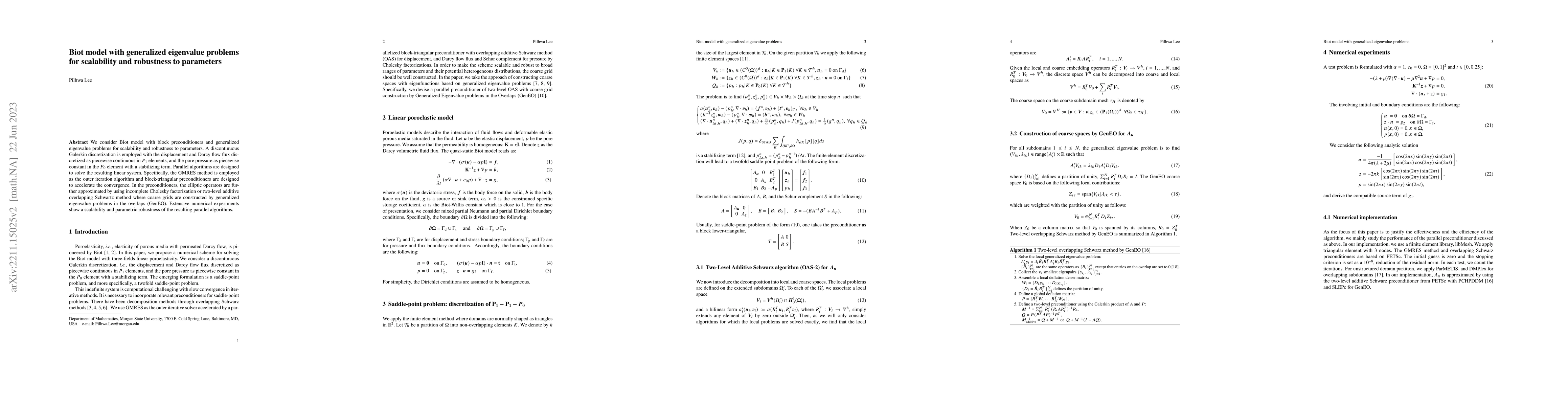 Thumbnail for Biot model with generalized eigenvalue problems for scalability and
  robustness to parameters