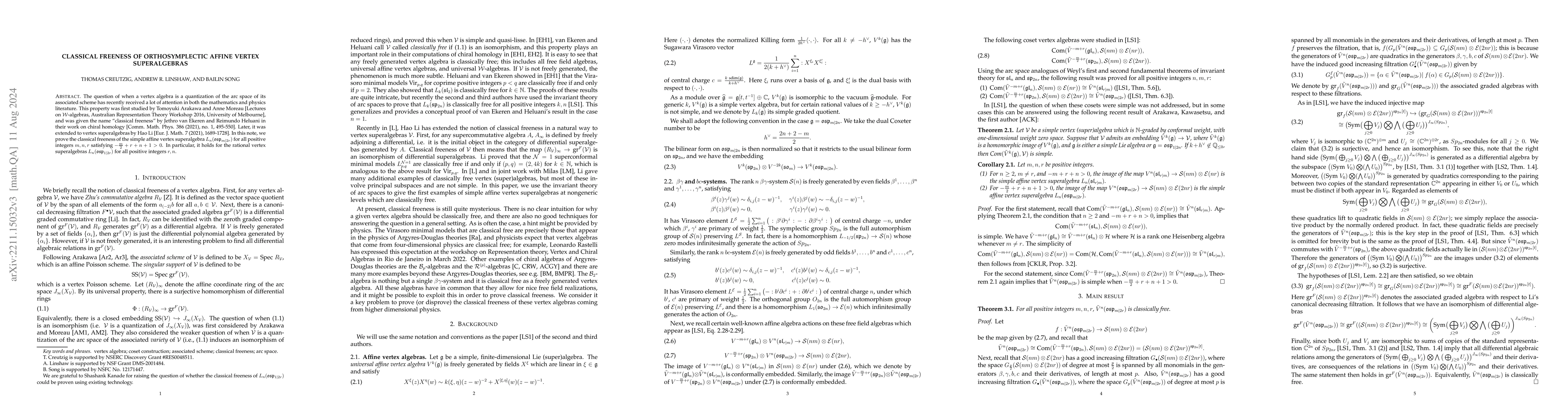 Thumbnail for Classical freeness of orthosymplectic affine vertex superalgebras