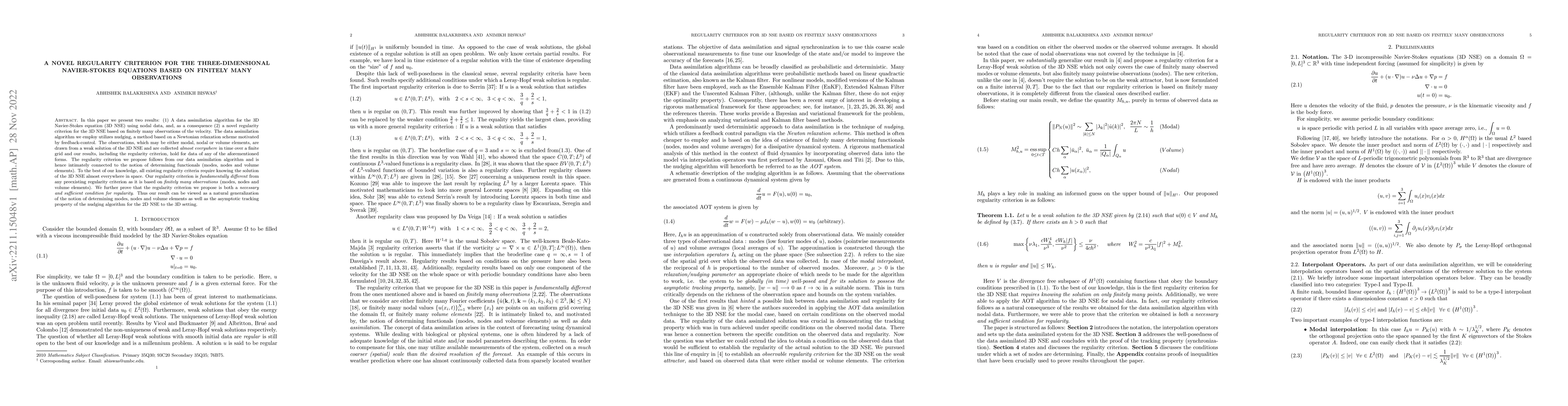 Thumbnail for A Novel Regularity Criterion For The three-dimensional Navier-Stokes
  Equations Based On Finitely many observations