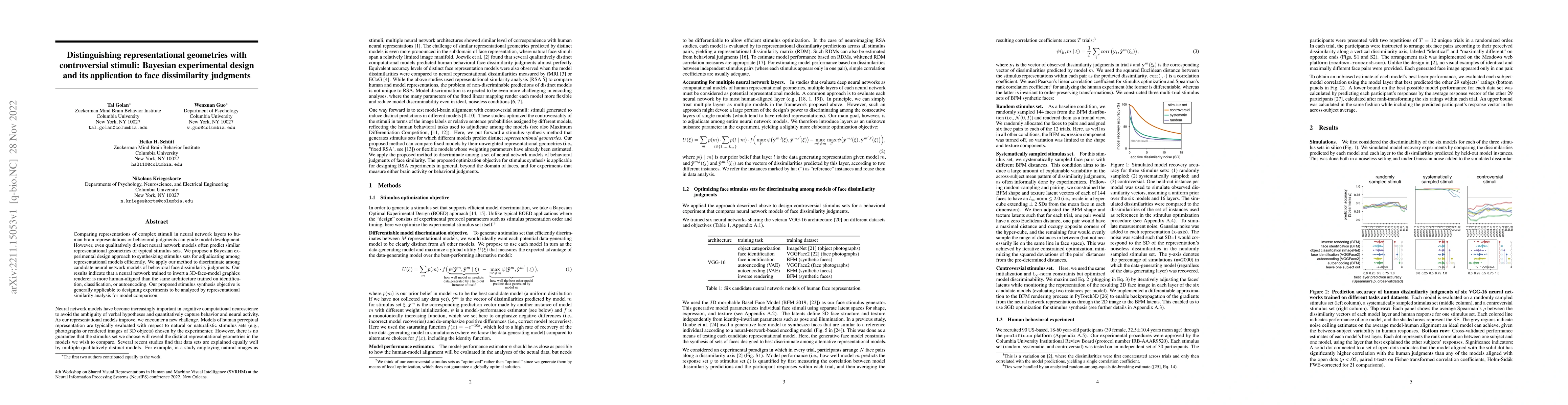 Thumbnail for Distinguishing representational geometries with controversial stimuli:
  Bayesian experimental design and its application to face dissimilarity
  judgments
