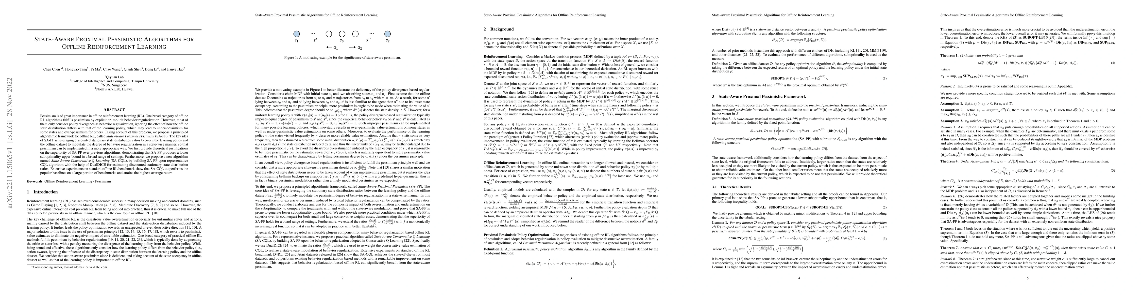 Thumbnail for State-Aware Proximal Pessimistic Algorithms for Offline Reinforcement
  Learning