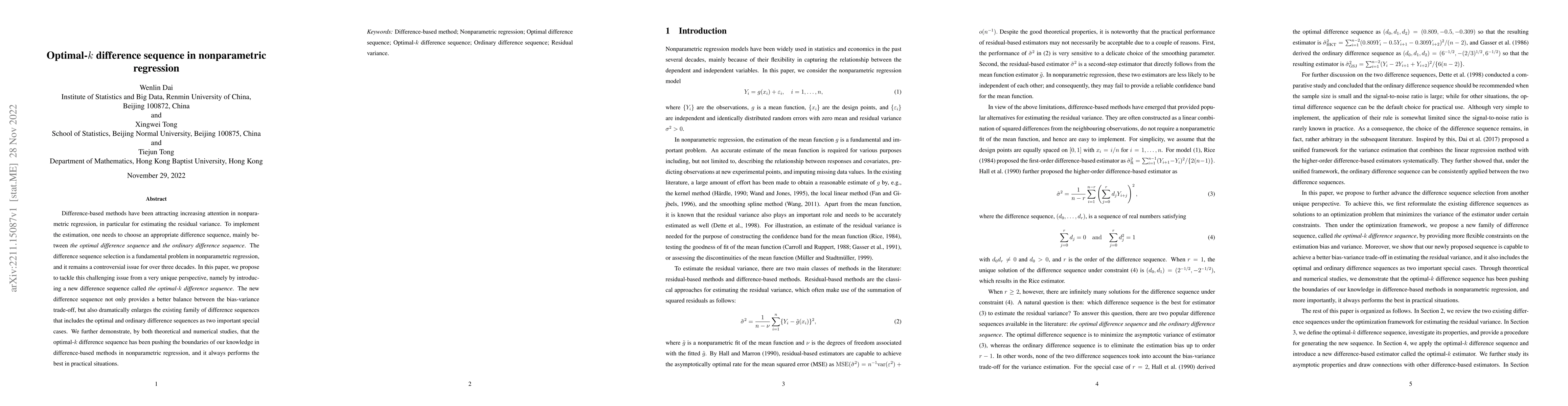 Thumbnail for Optimal-$k$ difference sequence in nonparametric regression