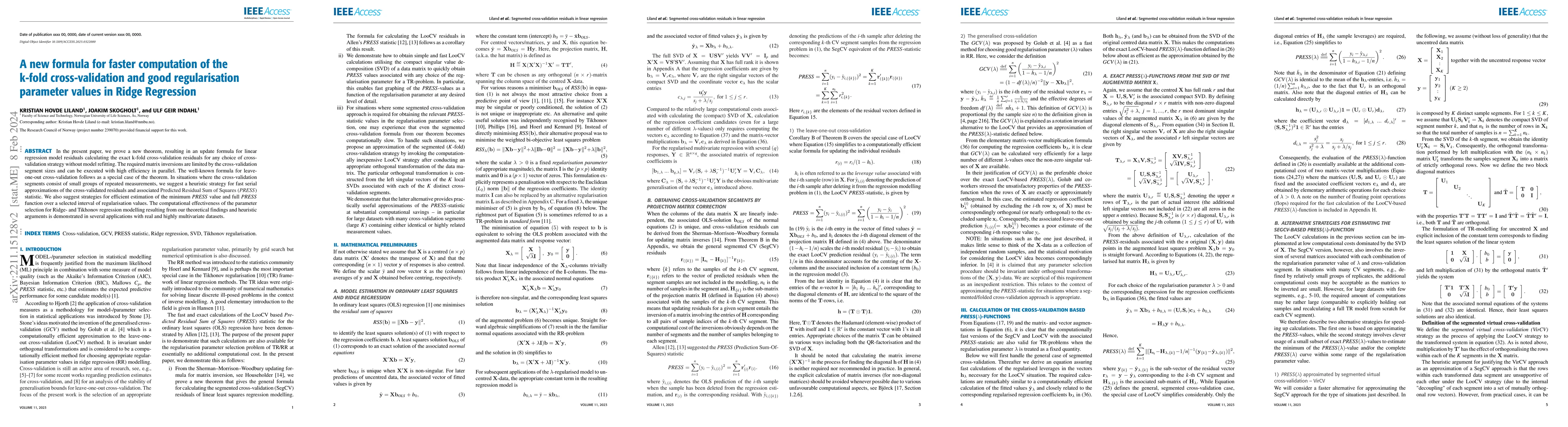 Thumbnail for A New Formula for Faster Computation of the K-Fold Cross-Validation and
  Good Regularisation Parameter Values in Ridge Regression