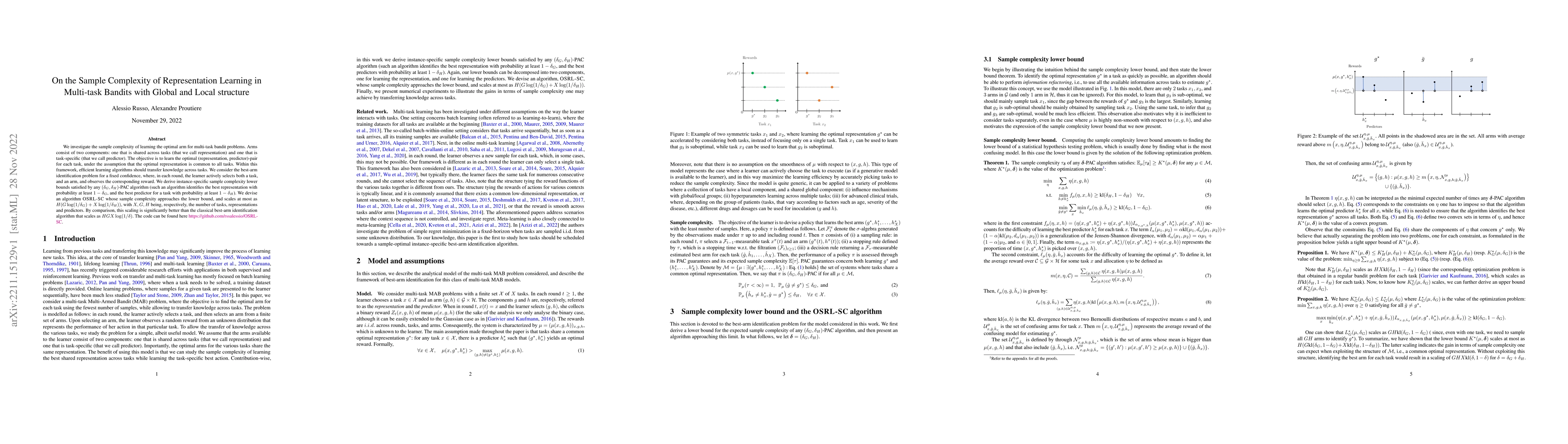 Thumbnail for On the Sample Complexity of Representation Learning in Multi-task
  Bandits with Global and Local structure