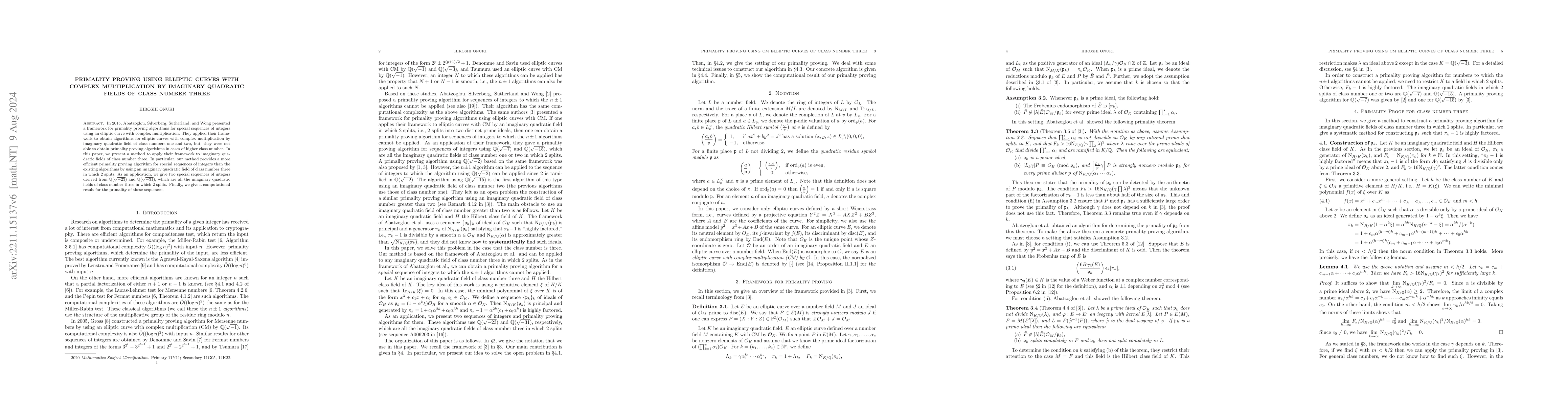 Thumbnail for Primality proving using elliptic curves with complex multiplication by
  imaginary quadratic fields of class number three