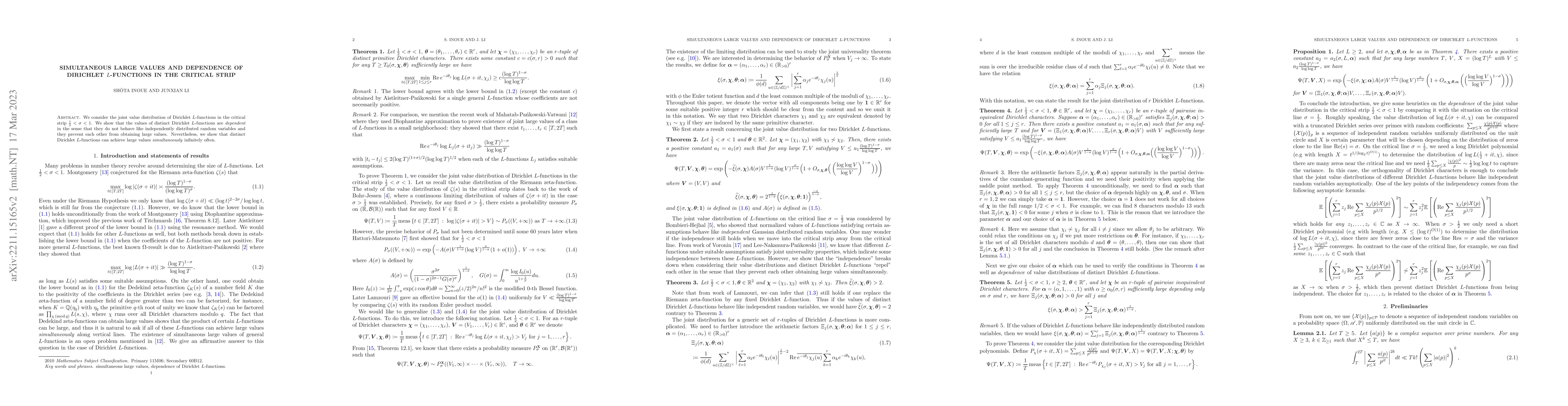 Thumbnail for Simultaneous large values and dependence of Dirichlet $L$-functions in
  the critical strip