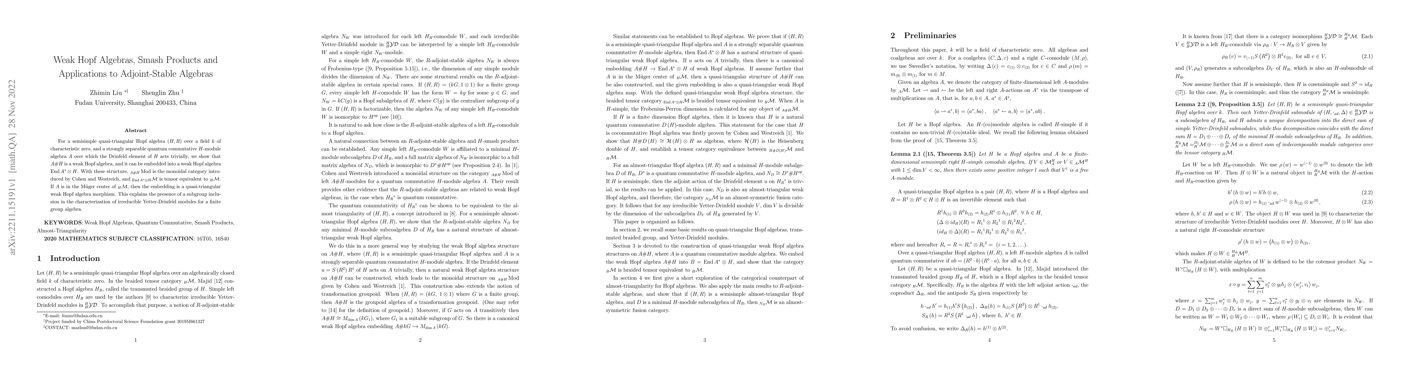 Thumbnail for Weak Hopf Algebras, Smash Products and Applications to Adjoint-Stable
  Algebras