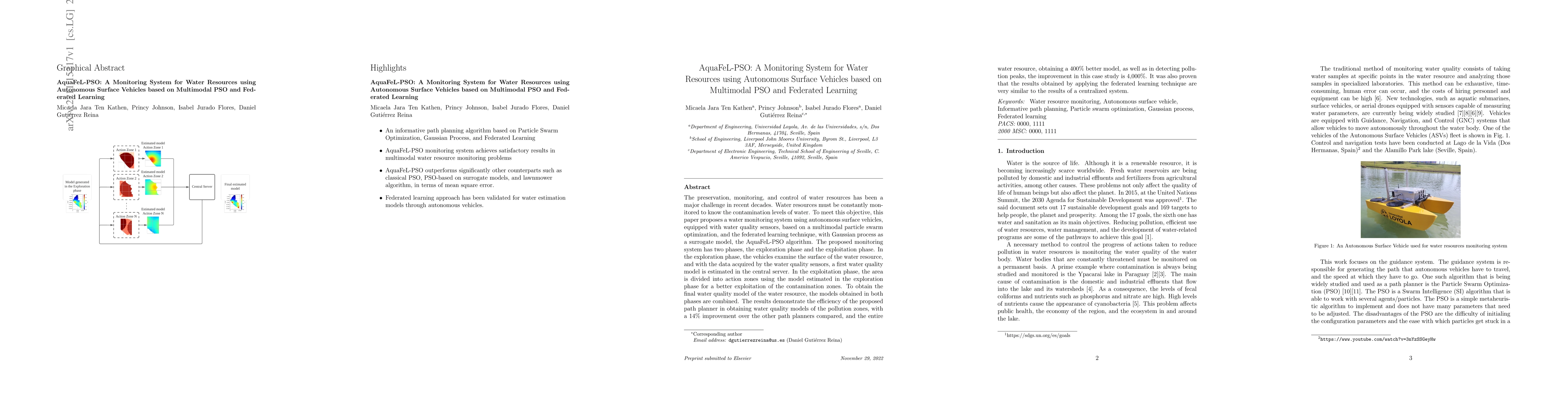 Thumbnail for AquaFeL-PSO: A Monitoring System for Water Resources using Autonomous
  Surface Vehicles based on Multimodal PSO and Federated Learning