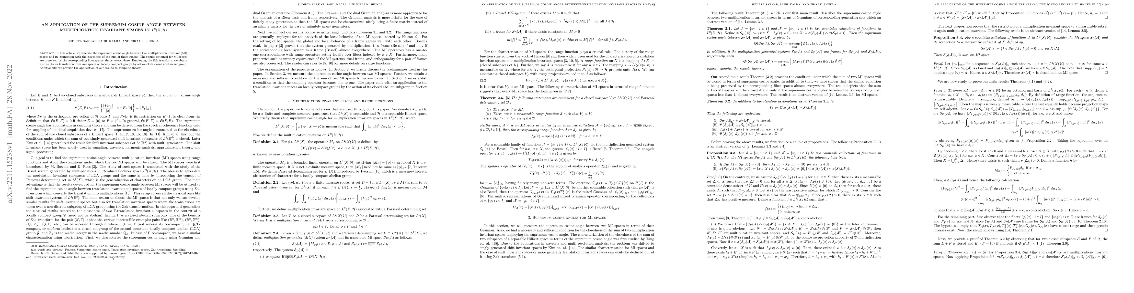 Thumbnail for An Application of the supremum cosine angle between multiplication
  invariant spaces in $L^2(X; \mc H)$