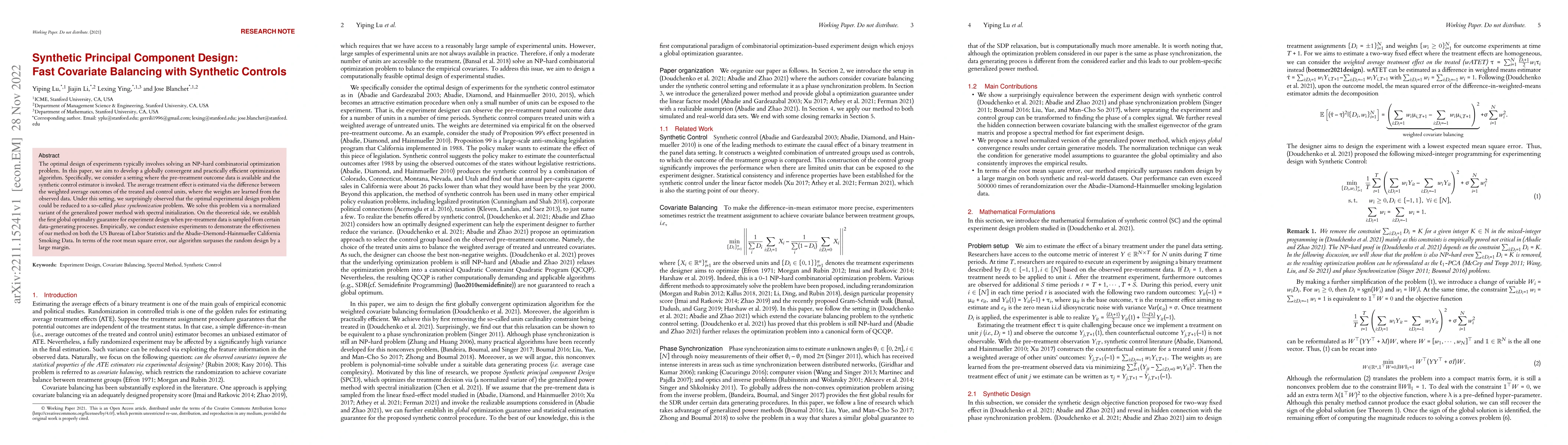 Thumbnail for Synthetic Principal Component Design: Fast Covariate Balancing with
  Synthetic Controls