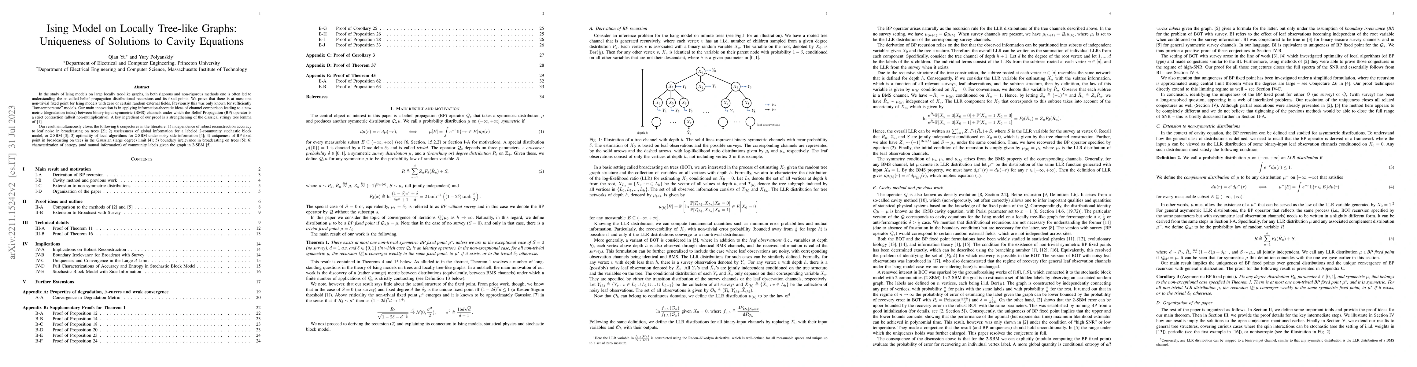 Thumbnail for Ising Model on Locally Tree-like Graphs: Uniqueness of Solutions to
  Cavity Equations