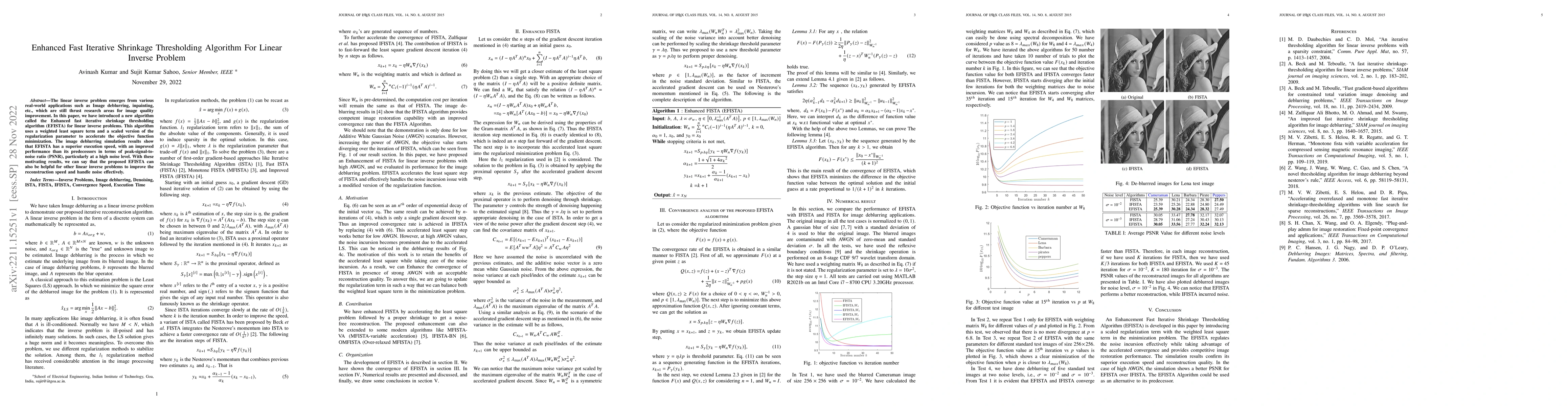 Thumbnail for Enhanced Fast Iterative Shrinkage Thresholding Algorithm For Linear
  Inverse Problem