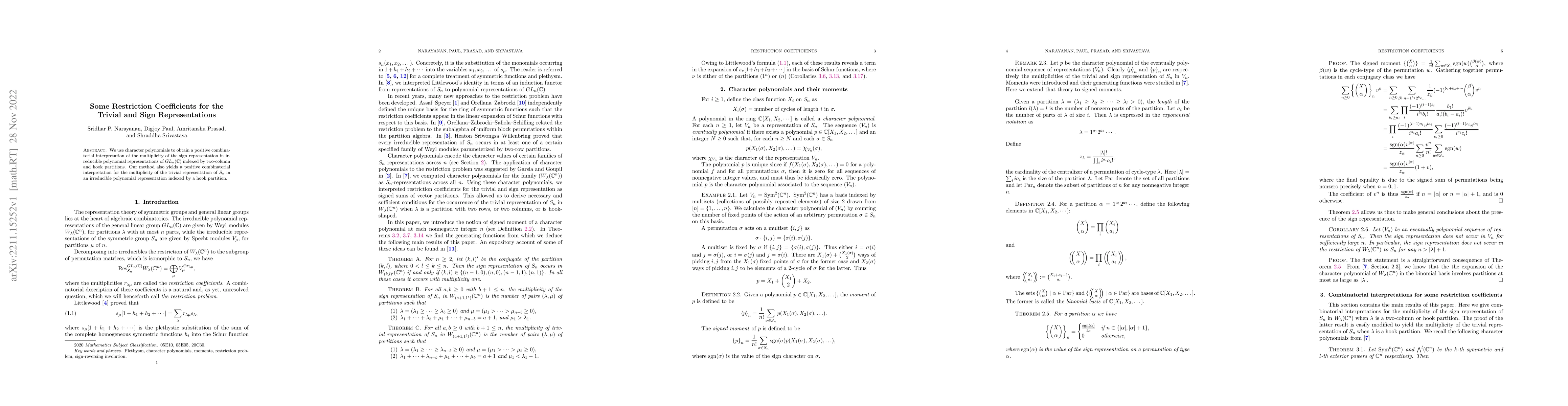 Thumbnail for Some Restriction Coefficients for the Trivial and Sign Representations