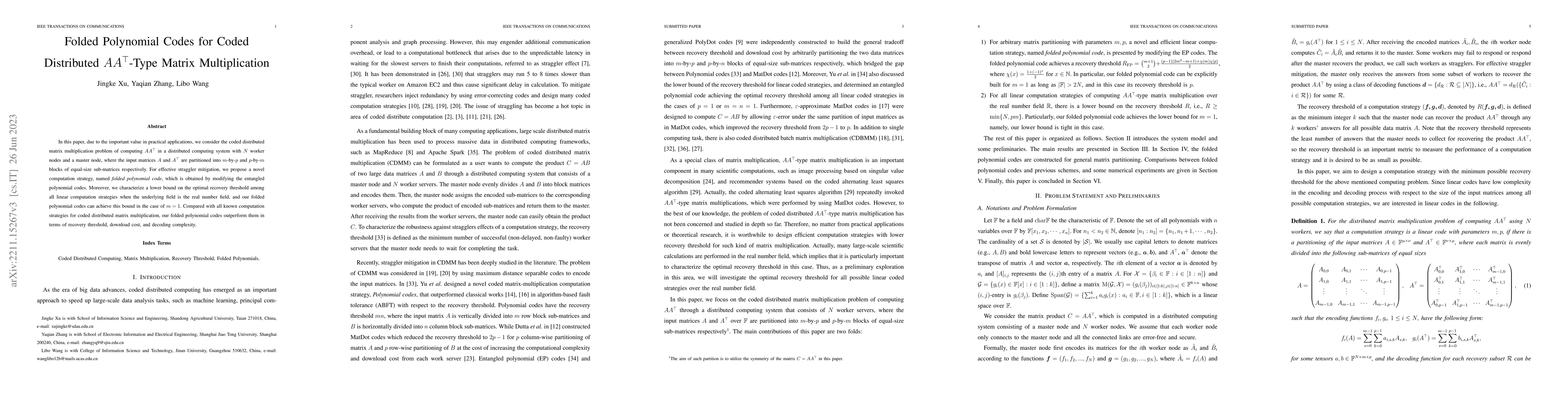 Thumbnail for Folded Polynomial Codes for Coded Distributed $AA^\top$-Type Matrix
  Multiplication