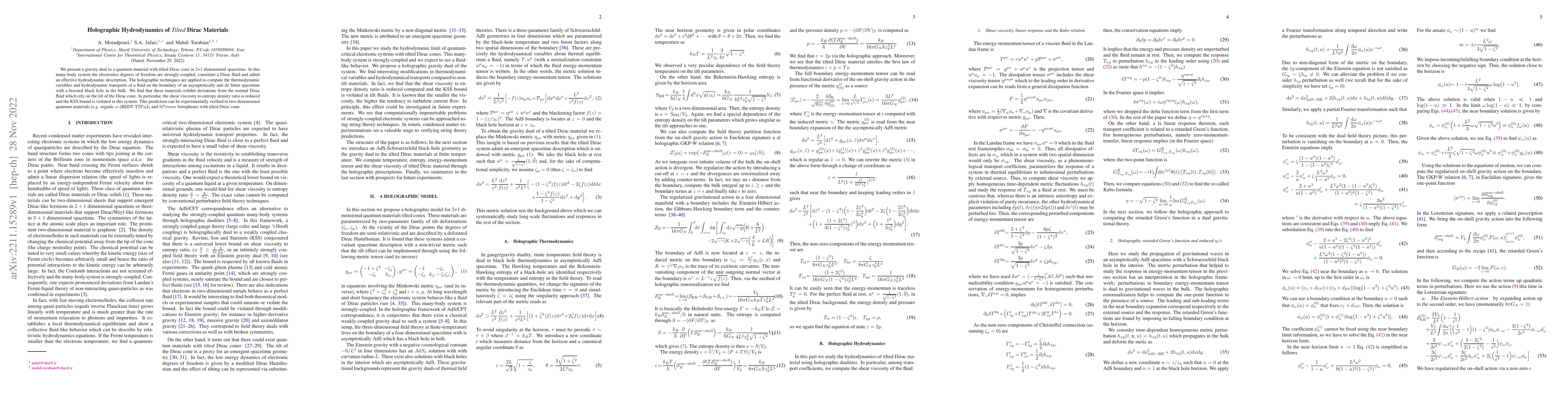 Thumbnail for Holographic Hydrodynamics of {\it Tilted} Dirac Materials