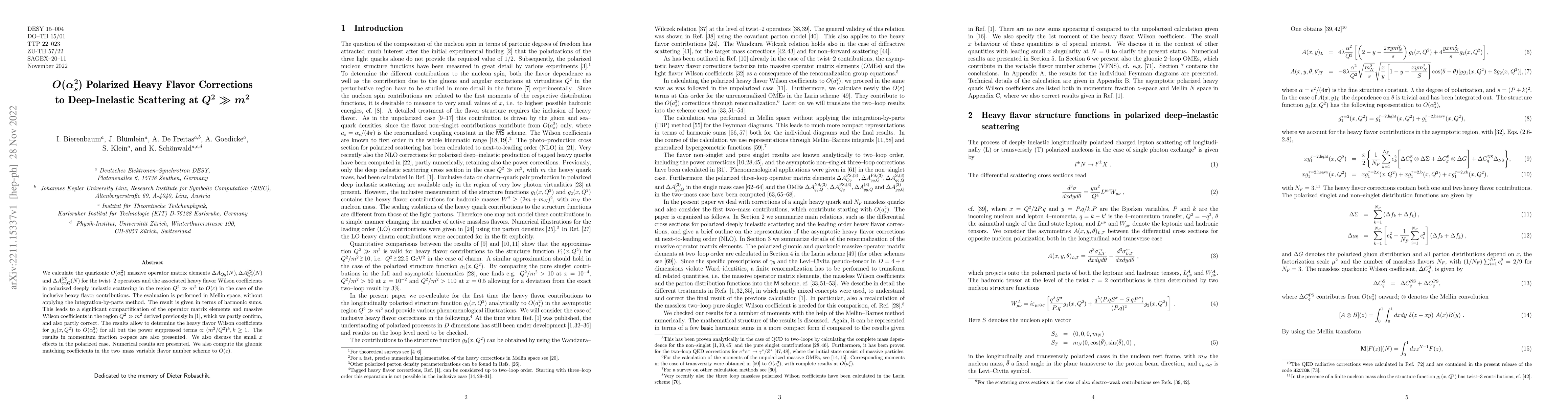 Thumbnail for $O(\alpha_s^2$) Polarized Heavy Flavor Corrections}to Deep-Inelastic
  Scattering at $Q^2 \gg m^2$