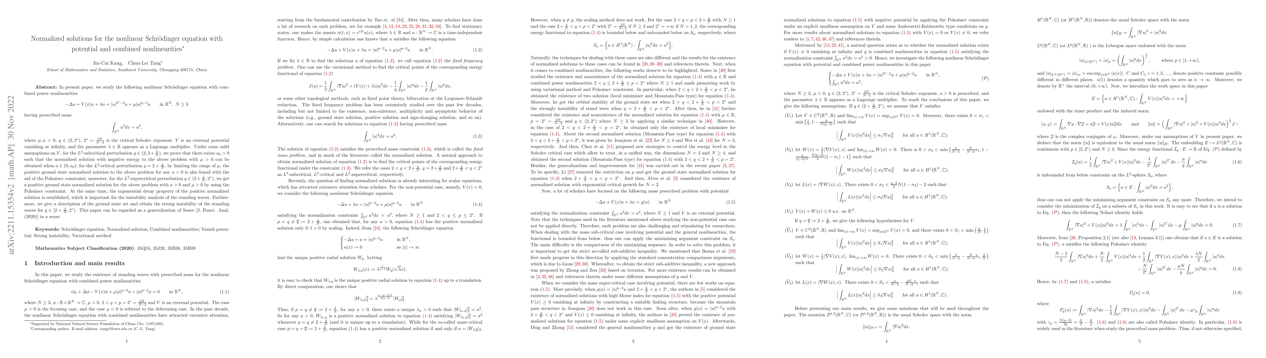 Thumbnail for Normalized solutions for the nonlinear Schrodinger equation with
  potential and combined nonlinearities