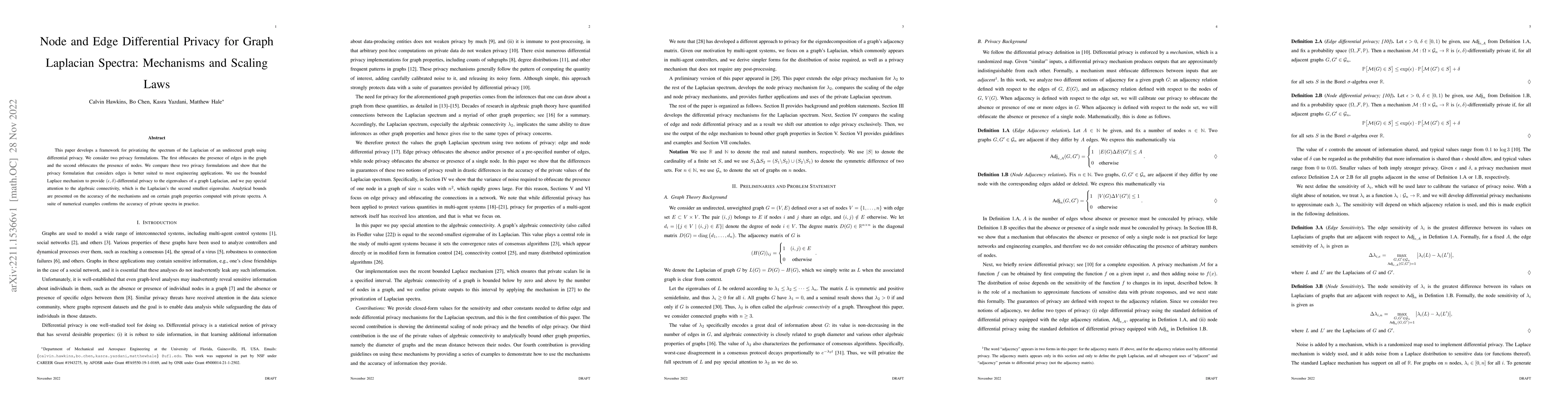 Thumbnail for Node and Edge Differential Privacy for Graph Laplacian Spectra:
  Mechanisms and Scaling Laws