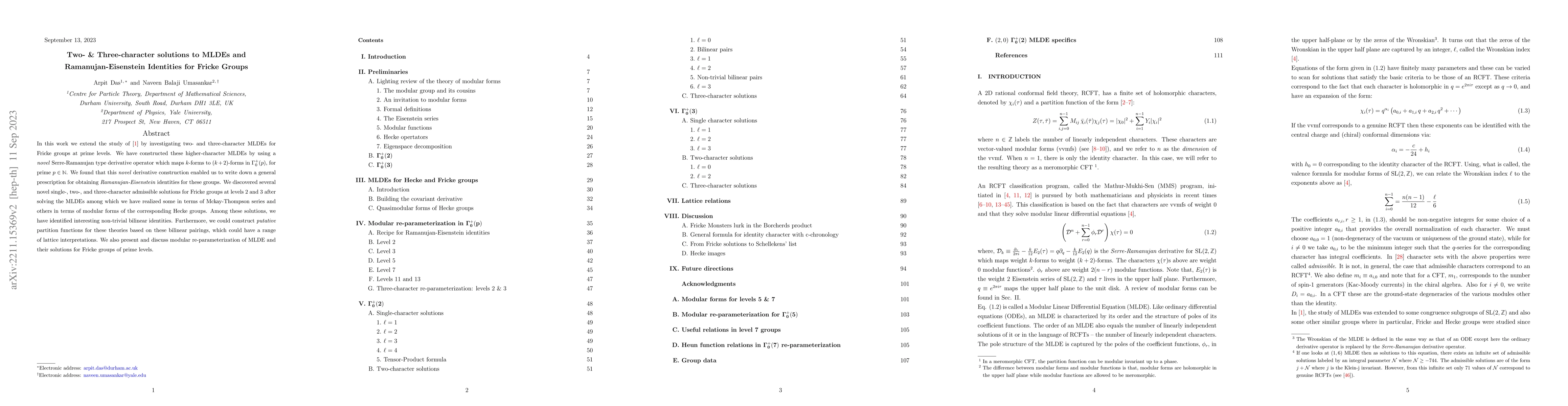 Thumbnail for Two- & Three-character solutions to MLDEs and Ramanujan-Eisenstein
  Identities for Fricke Groups