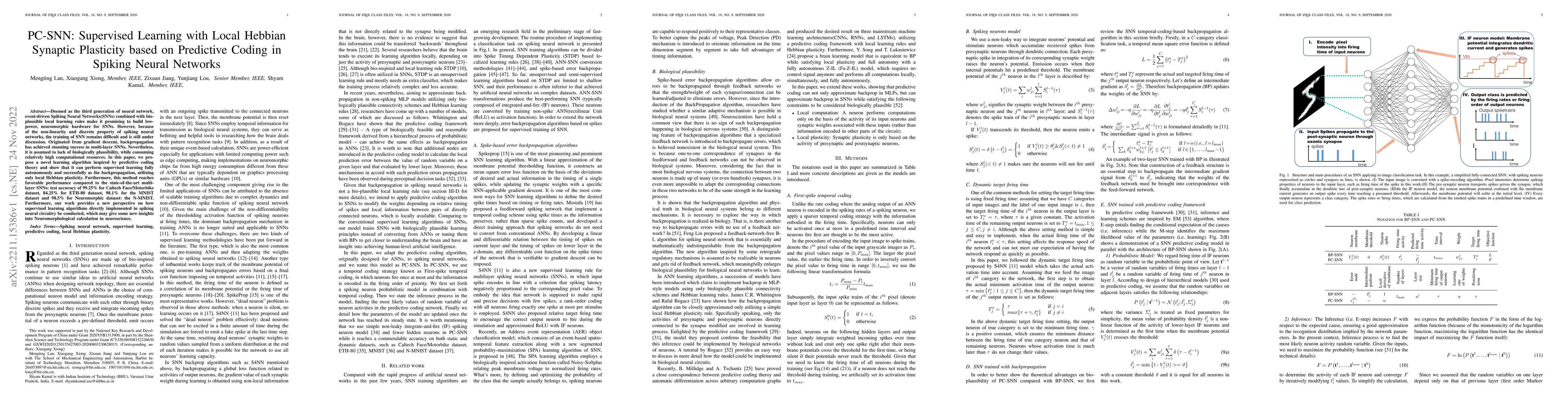 Thumbnail for PC-SNN: Supervised Learning with Local Hebbian Synaptic Plasticity based
  on Predictive Coding in Spiking Neural Networks