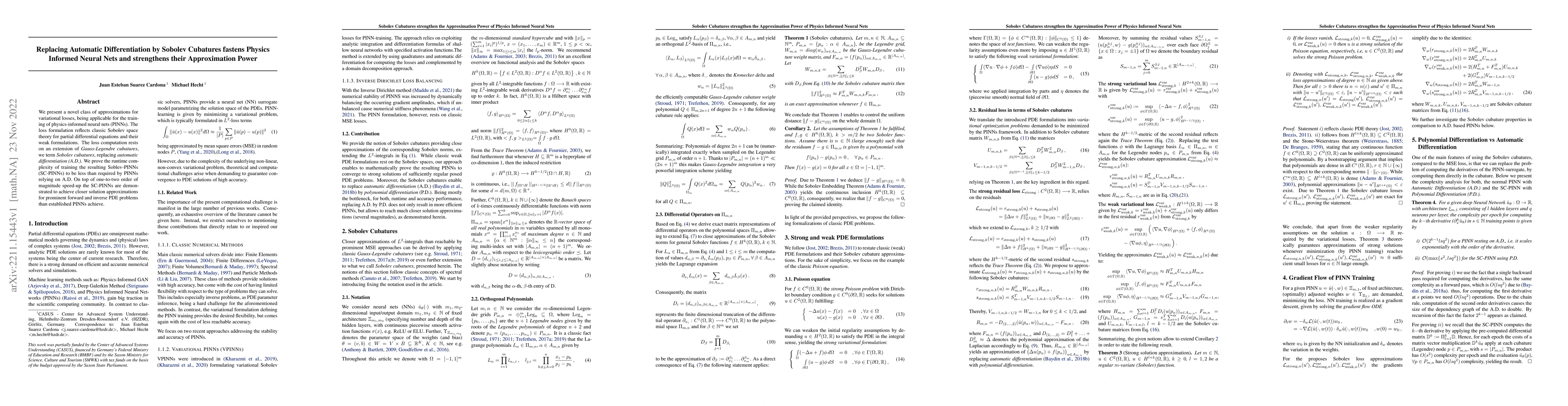 Thumbnail for Replacing Automatic Differentiation by Sobolev Cubatures fastens Physics
  Informed Neural Nets and strengthens their Approximation Power
