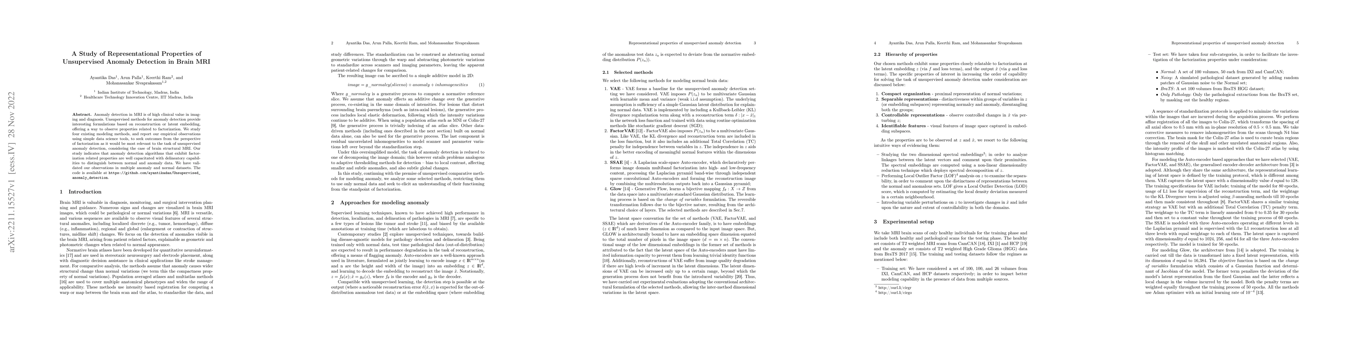 Thumbnail for A Study of Representational Properties of Unsupervised Anomaly Detection
  in Brain MRI