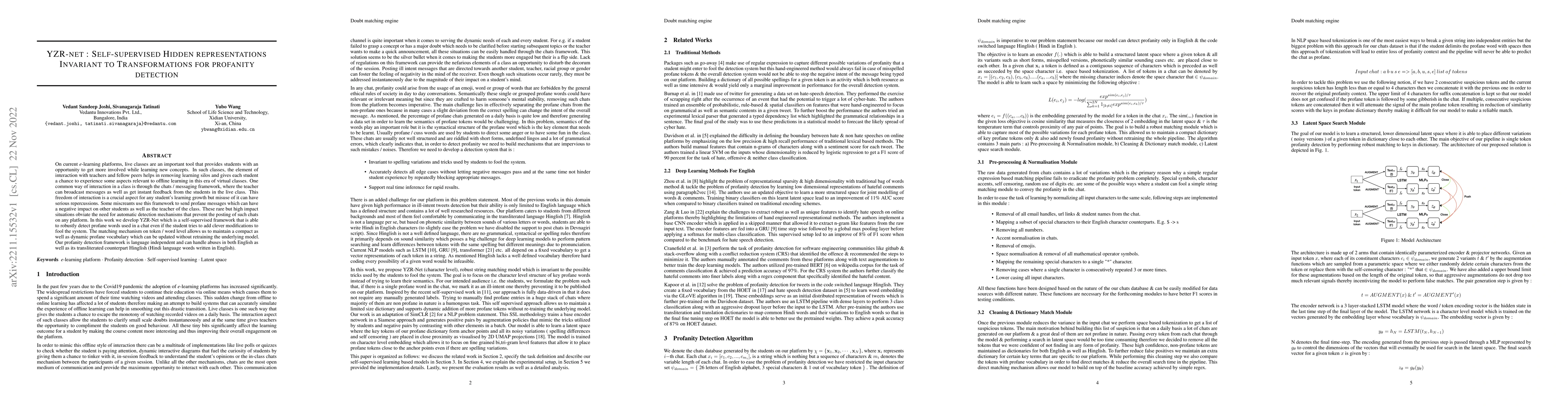 Thumbnail for YZR-net : Self-supervised Hidden representations Invariant to
  Transformations for profanity detection