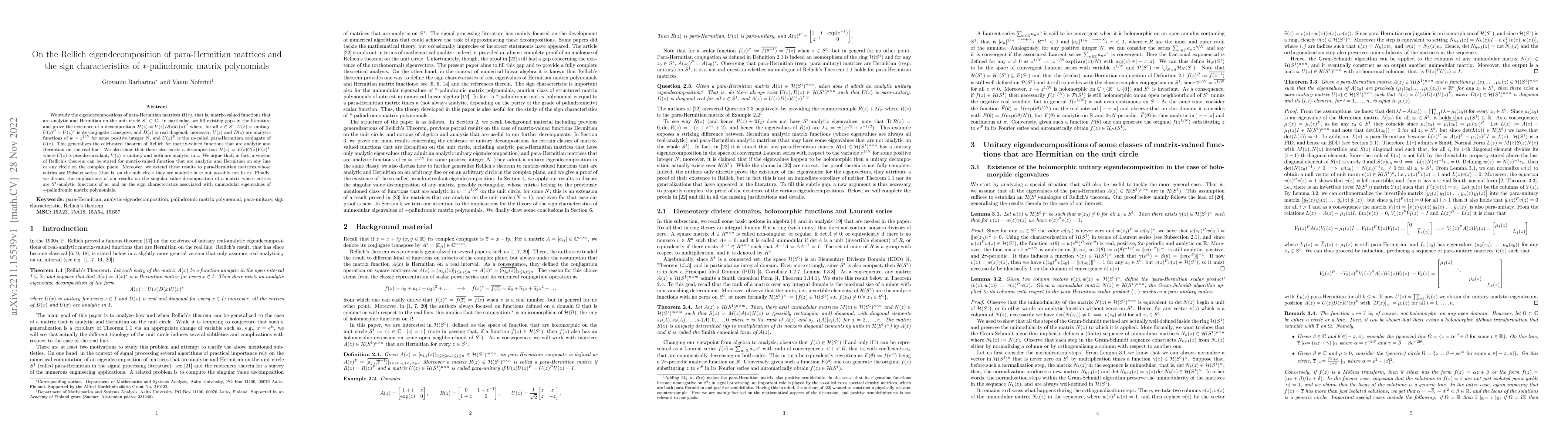 Thumbnail for On the Rellich eigendecomposition of para-Hermitian matrices and the
  sign characteristics of $*$-palindromic matrix polynomials