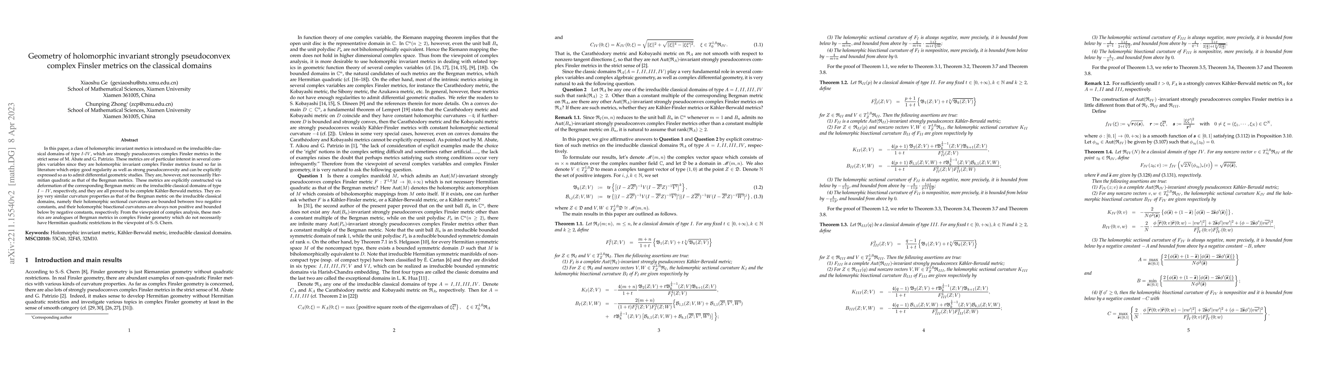 Thumbnail for Geometry of holomorphic invariant strongly pseudoconvex complex Finsler
  metrics on the classical domains