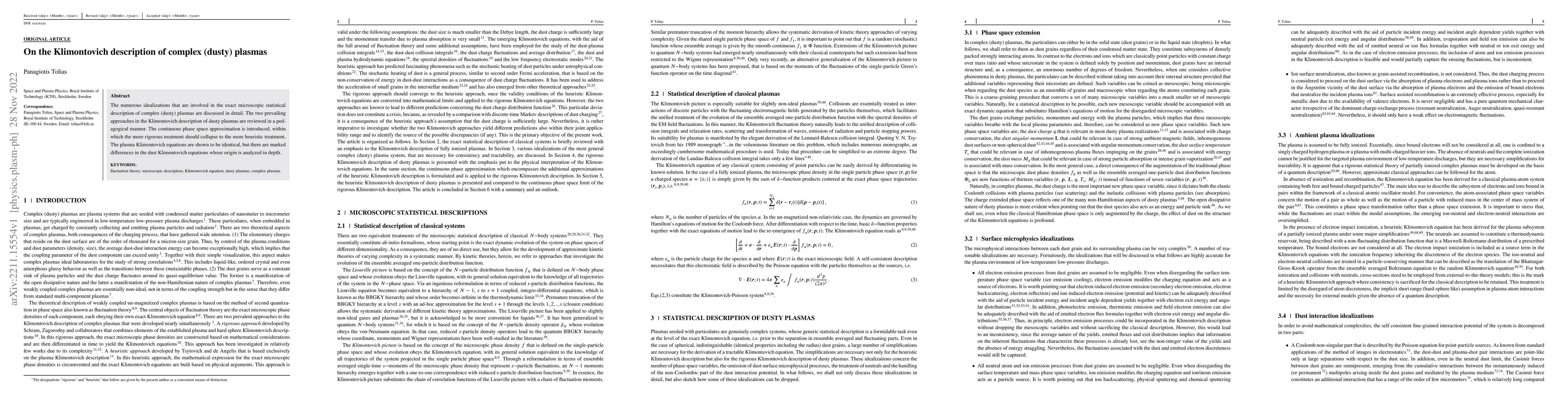 Thumbnail for On the Klimontovich description of complex (dusty) plasmas