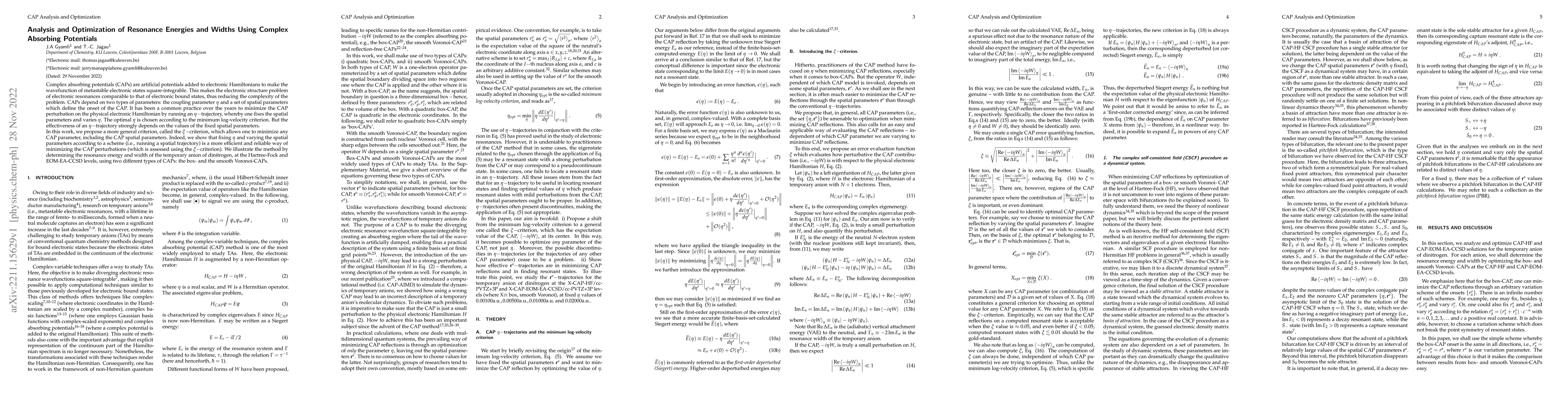 Thumbnail for Analysis and Optimization of Resonance Energies and Widths Using Complex
  Absorbing Potentials